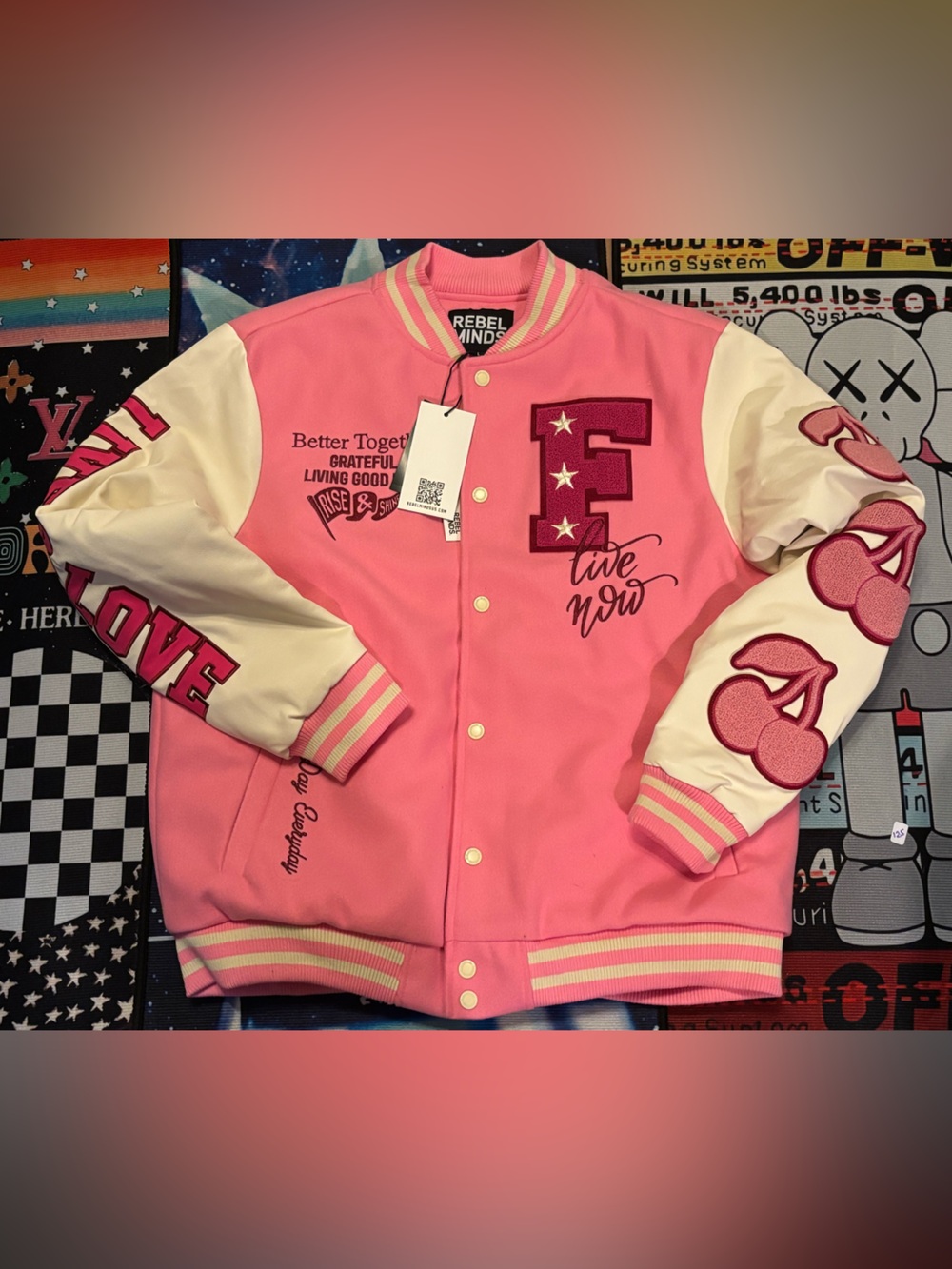 Rebel Mind Pink Varsity Jacket with Cream Sleeves